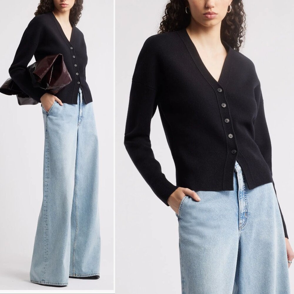 NORDSTROM Wool Cashmere V-Neck Cardigan Sweater Size S Black NEW $169